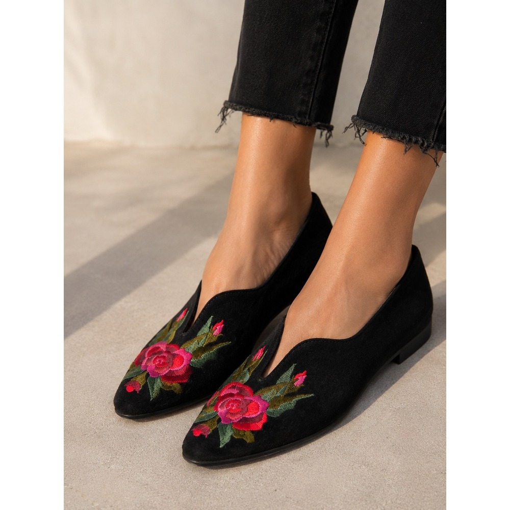 Perry Ellis America Loafers Womens Black Suede Good Floral Embroidered Slippers